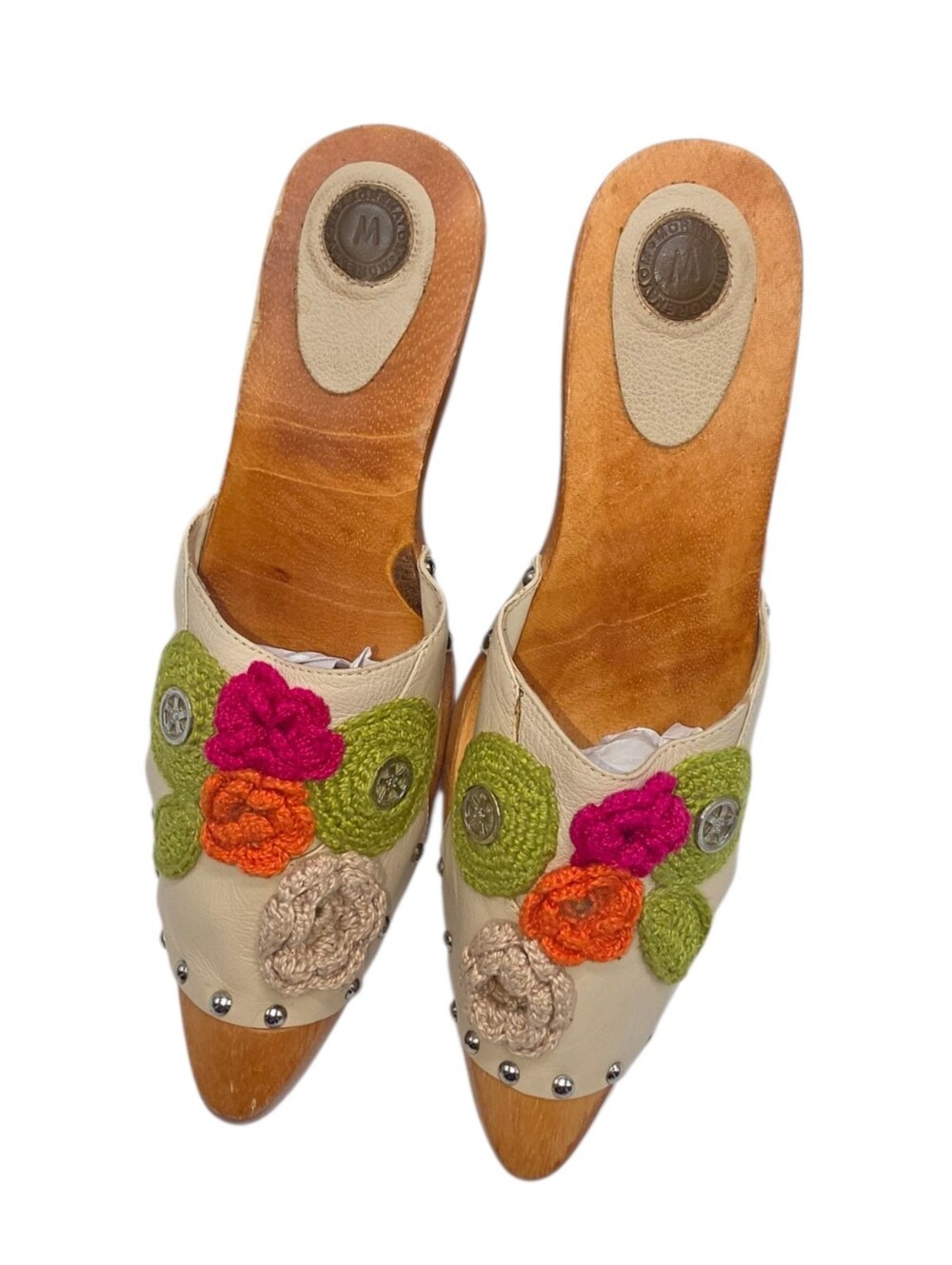 Morenatom Wooden Clogs Floral Crochet Leather Mules Womens Size 8